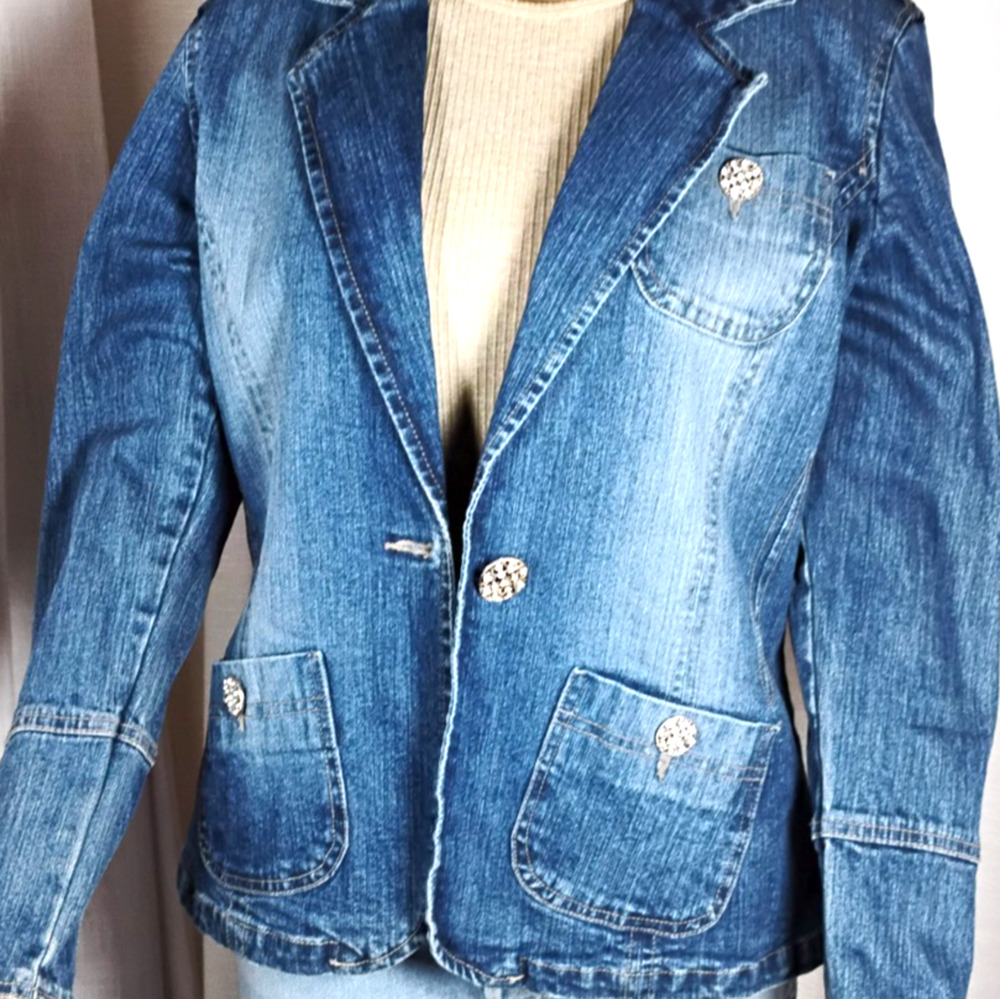 Womens Fitted M Denim Blazer Jacket Stretch Sparkly Buttons Faded Wash Glam